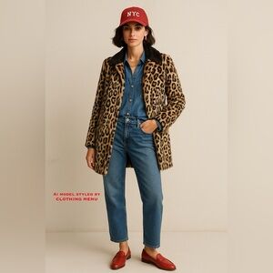 TOPSHOP Leopard Print Faux Fur Coat Mid-Length Mob Wife Style Women Size: 8